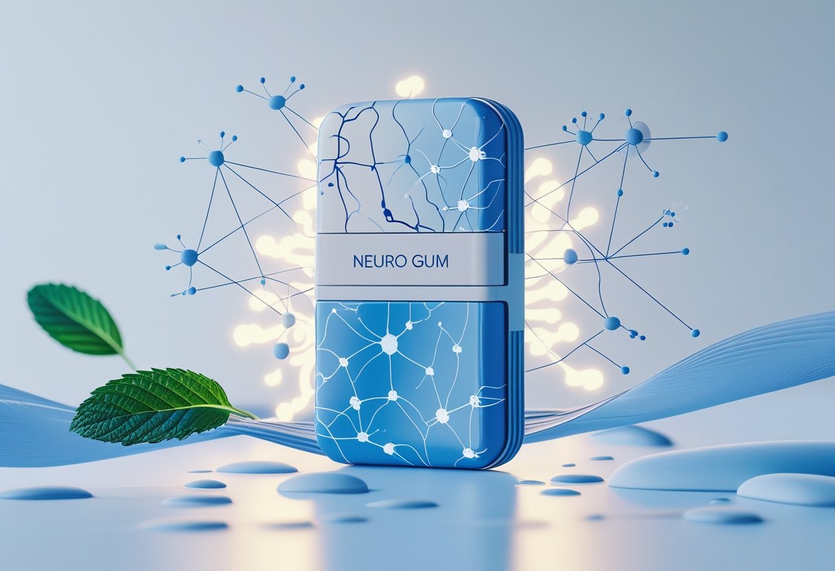 A gum pack surrounded by glowing neurons and neural connections representing brain activity and focus.