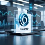 A modern office with digital screens showing stock charts and data, centered around an abstract representation of the Palantir logo.