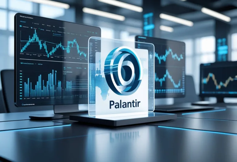 A modern office with digital screens showing stock charts and data, centered around an abstract representation of the Palantir logo.