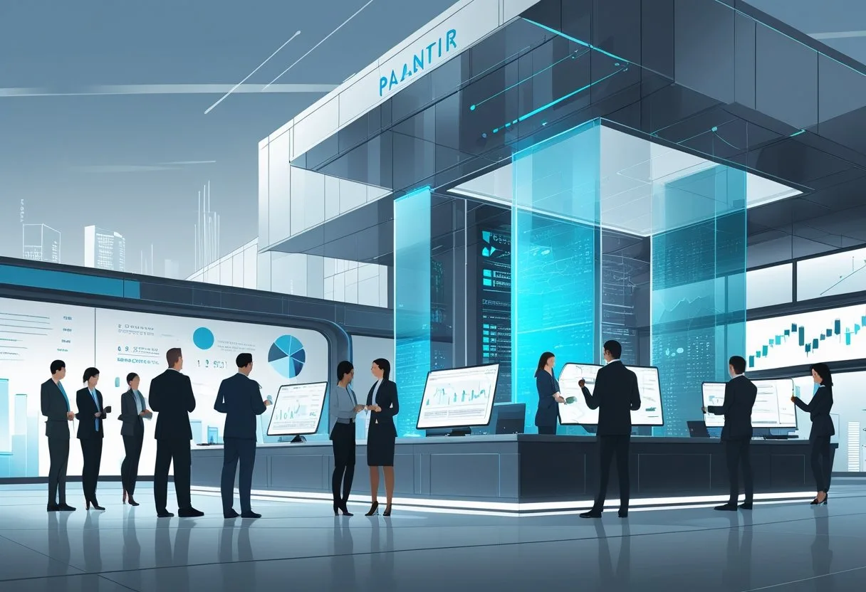 A modern office setting with professionals analyzing data on transparent digital screens and holograms, with abstract graphs floating in the background.