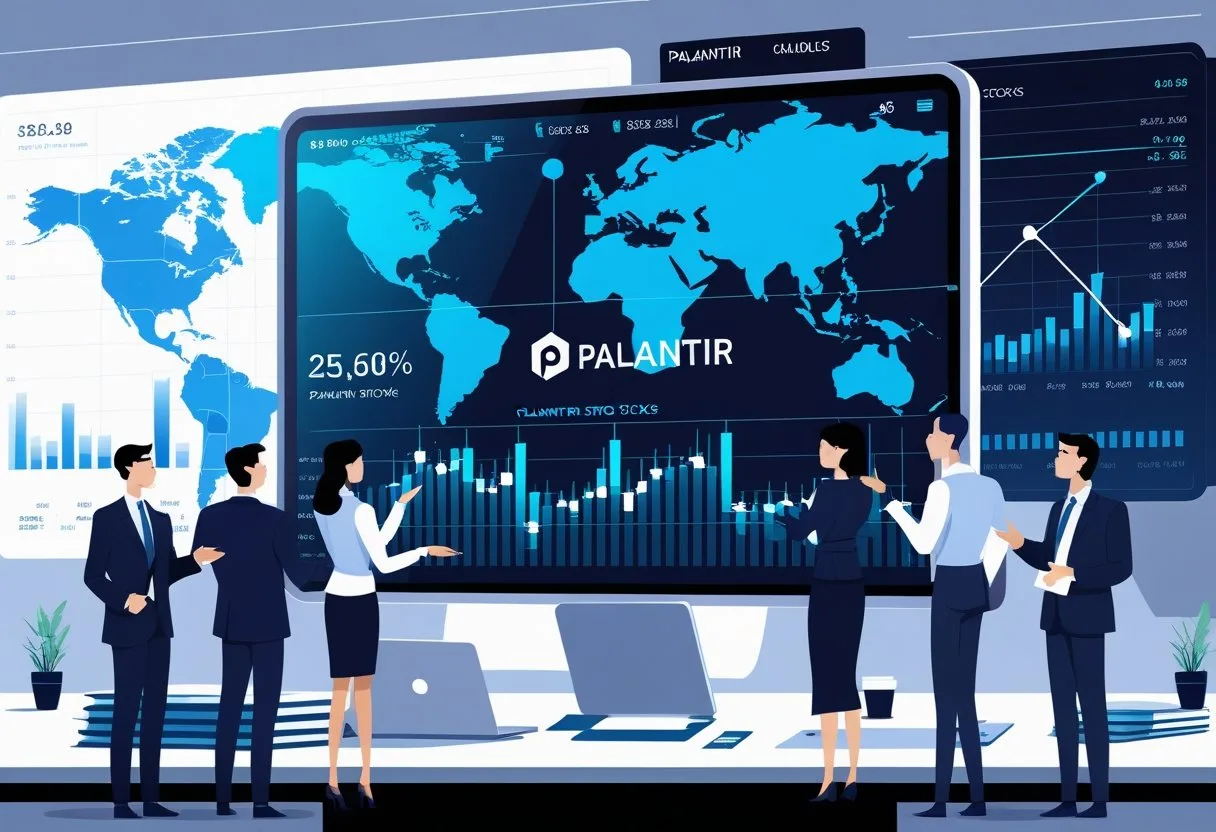 A group of financial analysts in a modern office reviewing stock charts and graphs on a large digital screen showing Palantir stock performance.
