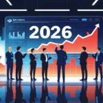 A group of business professionals analyzing financial graphs and charts about interest rates in a modern office setting with symbols representing a bank and the Federal Reserve.
