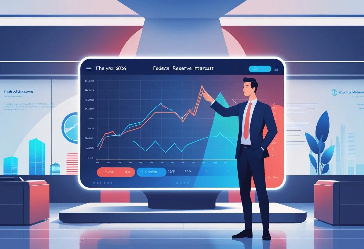 A financial analyst in a modern office points at a large digital display showing fluctuating interest rate graphs and charts for the year 2026.