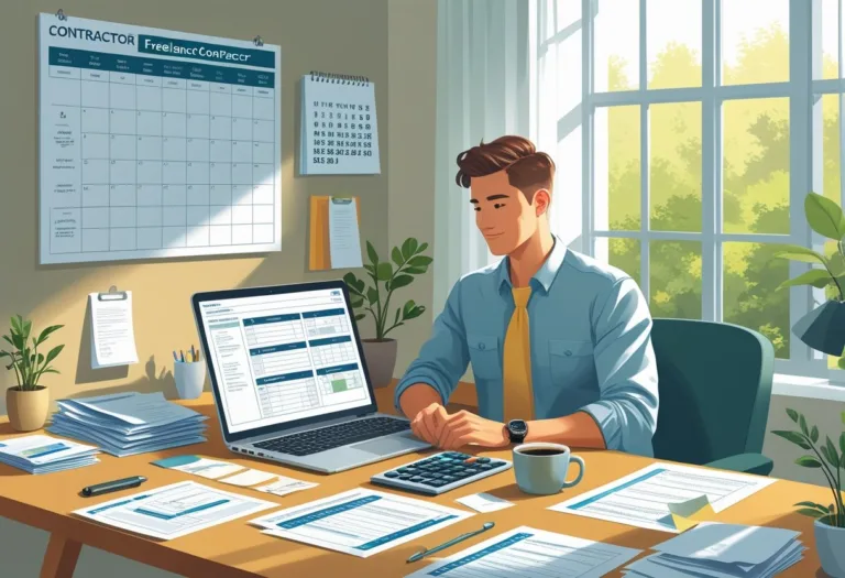 A freelance contractor working at a desk with a laptop, documents, calculator, and calendar, organizing their taxes.