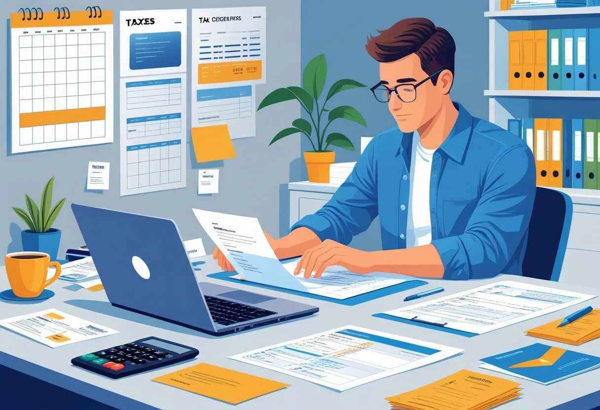 A freelance contractor sitting at a desk working on tax documents with a laptop, calculator, receipts, and a calendar in the background.