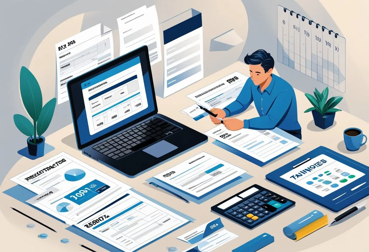 A freelance contractor reviewing tax documents and forms at a tidy desk with a laptop, calculator, and calendar.