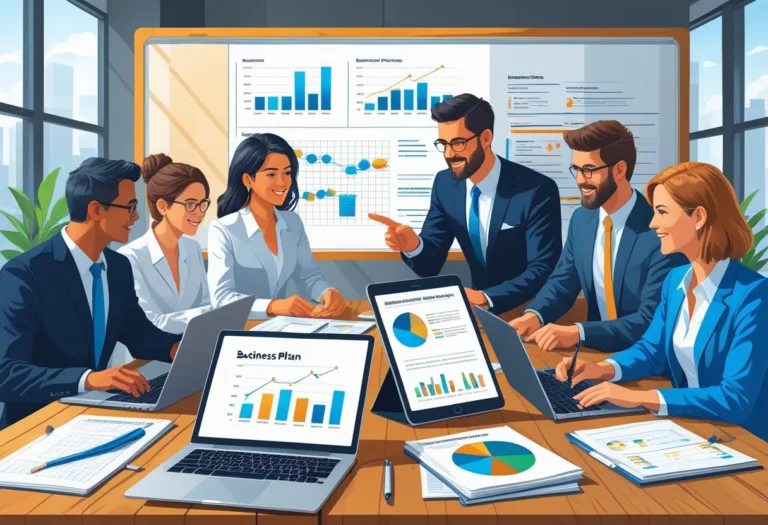 A group of business professionals working together around a table with laptops, charts, and notes, discussing a business plan in an office.