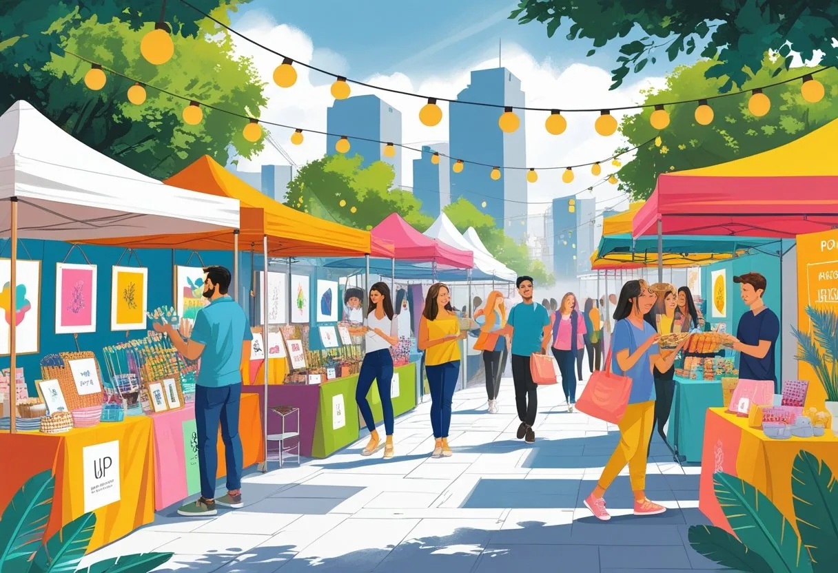 A lively outdoor market with colorful stalls and diverse people browsing and shopping among various handmade and artistic products.