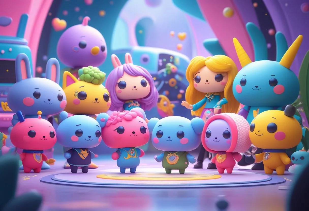 A group of colorful and unique characters from the Popmart series gathered together in a lively and imaginative setting.