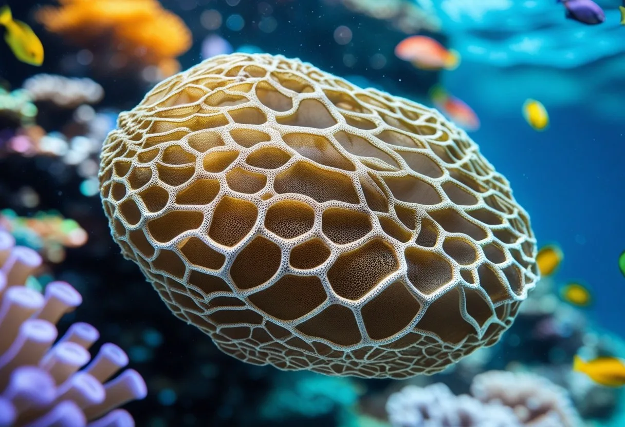 Close-up of an African net sponge attached to a coral reef underwater with marine life in the background.