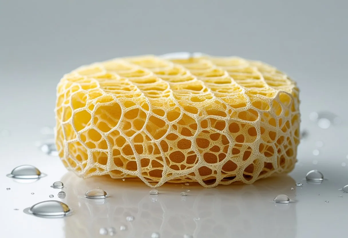 Close-up of a natural African net sponge with water droplets on a white background.