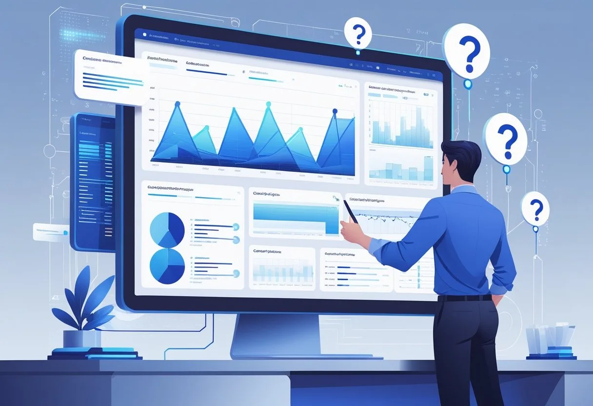 A person working at a computer with charts and data visuals related to optimizing answers for search engines.