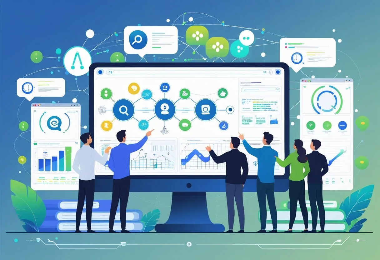 A team of professionals working together around a computer screen displaying icons and charts related to answer engine optimization.