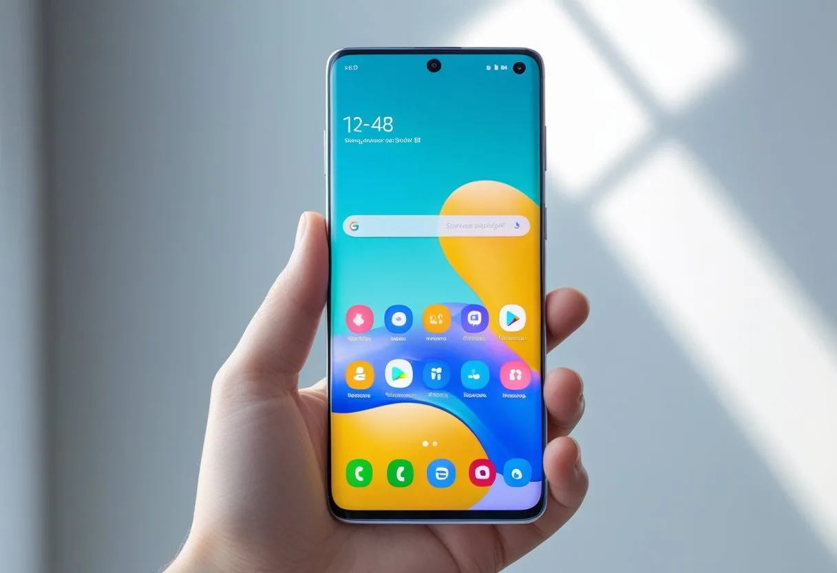 A hand holding a Samsung smartphone displaying a colorful and clean home screen with app icons.