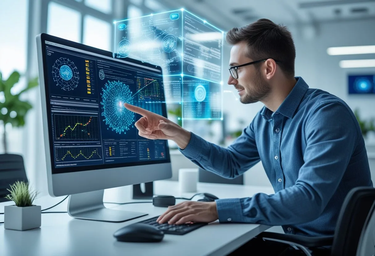 A person working at a computer with digital data visualizations and holographic graphs representing AI optimization processes in a modern office.