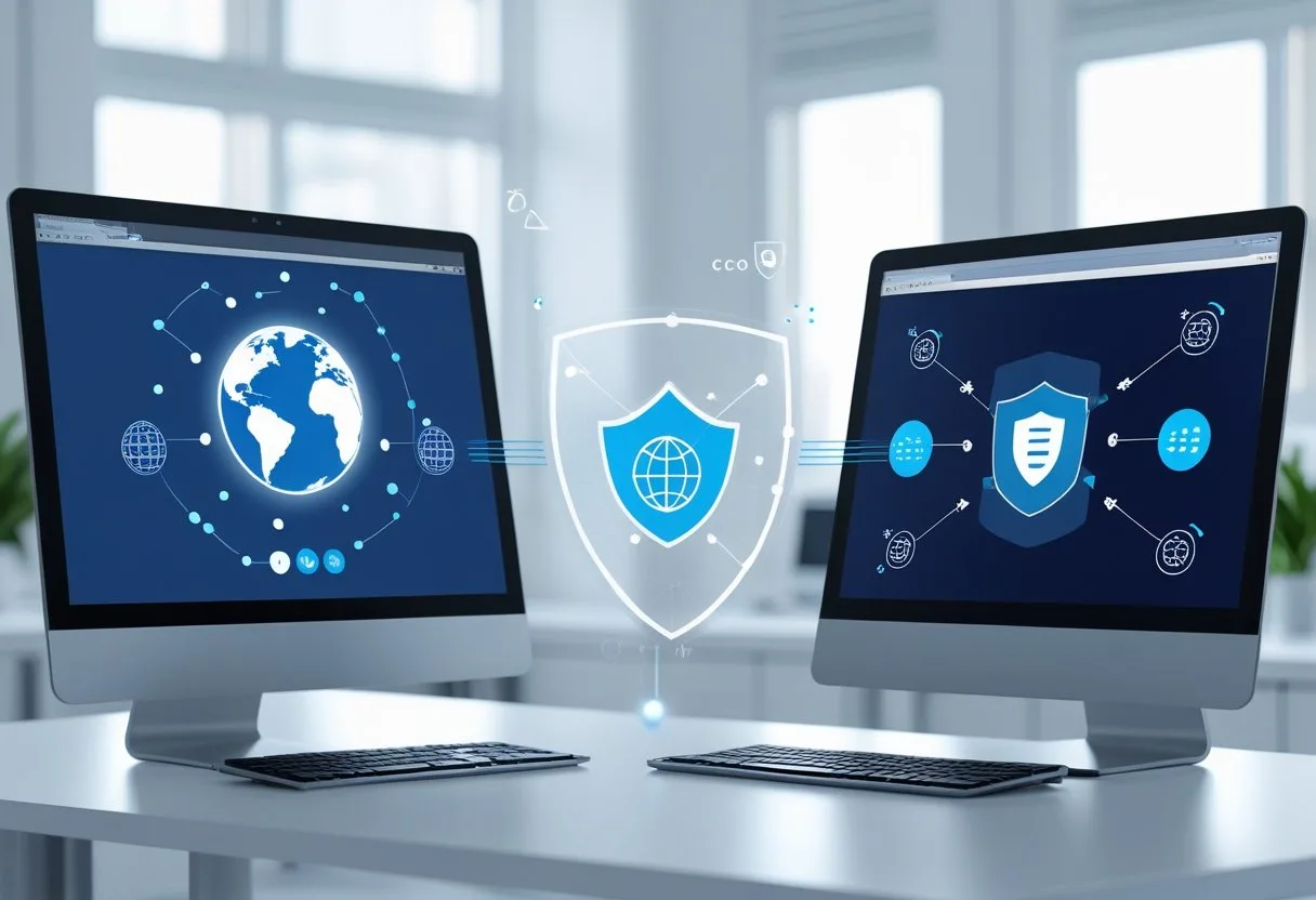 Two computer screens on a desk showing internet and server icons connected by arrows with a shield symbol representing secure data sharing.
