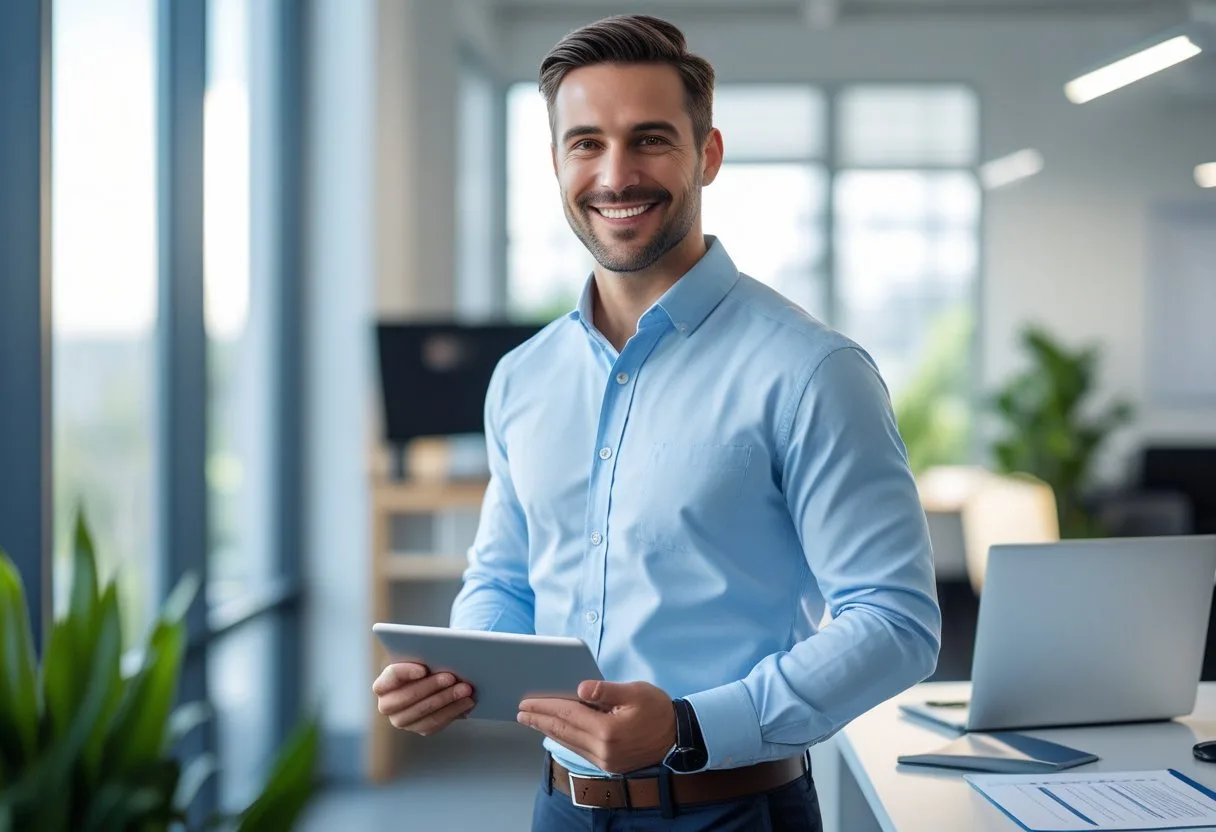 A man named Chris standing in a modern office holding a tablet and smiling.