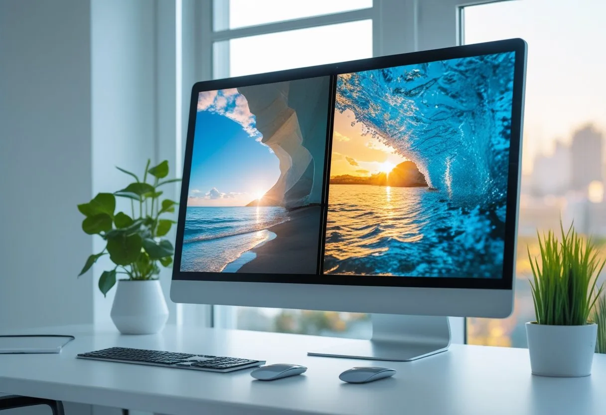 A modern workspace with a computer monitor showing a comparison between a low-resolution and a high-resolution image.