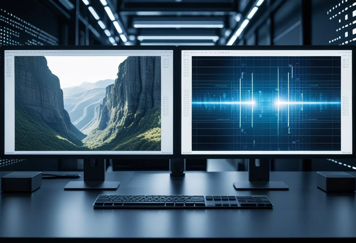 A computer monitor showing a side-by-side comparison of a low-resolution and a high-resolution image on a modern workspace.