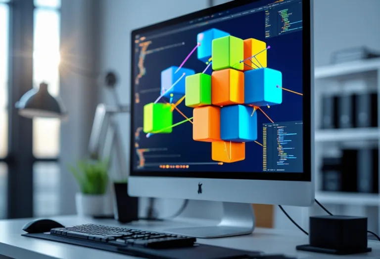 A computer workspace with a large monitor displaying colorful visual programming blocks connected by lines, with a keyboard and mouse on a clean desk.