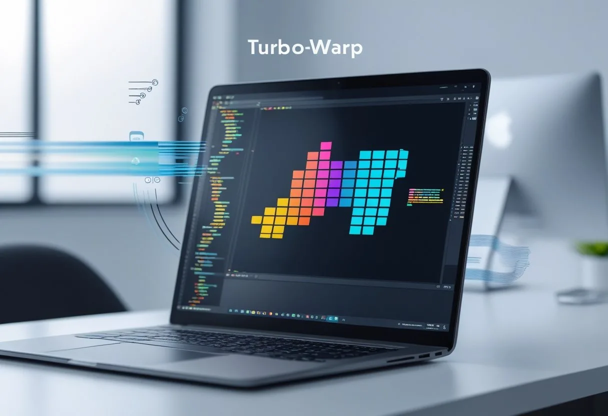A modern workspace with a laptop showing colorful code blocks and visual elements representing speed and technology.