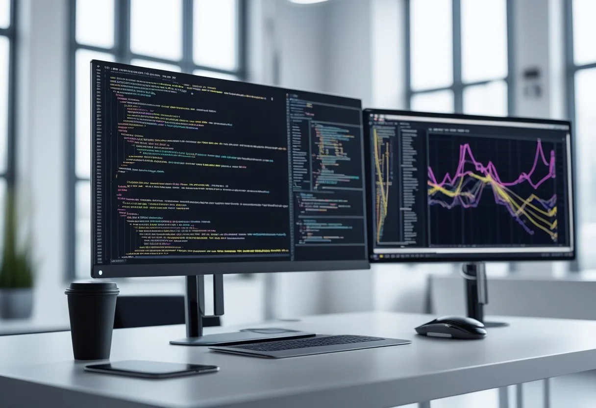 A modern computer workstation with multiple screens showing complex code and data visualizations in a bright office.