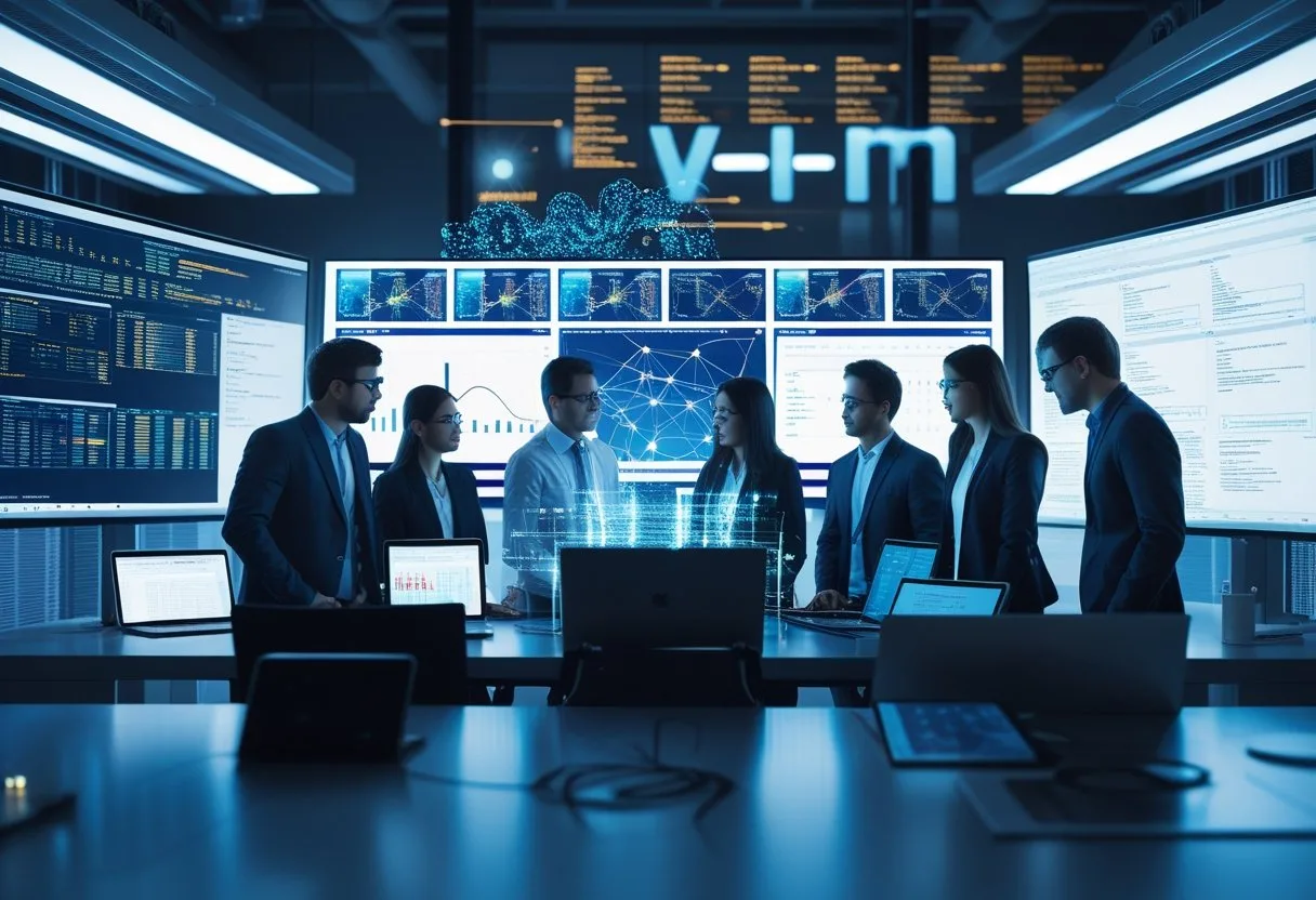 A group of professionals working together at a desk with computers displaying data and diagrams in a modern office.