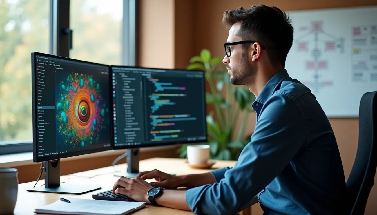 Person coding generative AI models on dual monitors displaying colorful AI visualization and programming code.