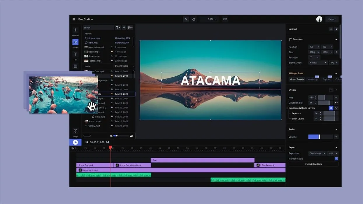 Screenshot of Runway AI video editing interface showing timeline, text overlay, and various editing tools.