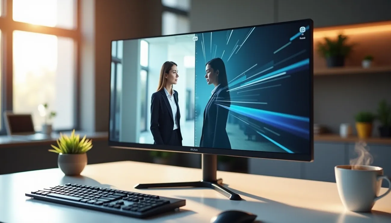 Wide monitor on desk showing split screen of professional woman and dynamic AI data visualization in modern office setting