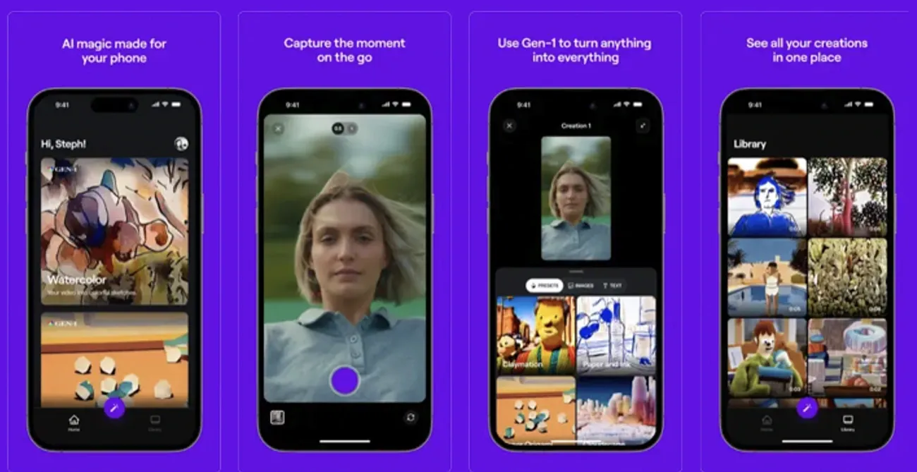 Runway app showcases AI-powered video-to-video creation with presets, camera capture, and a library of user projects on phones.