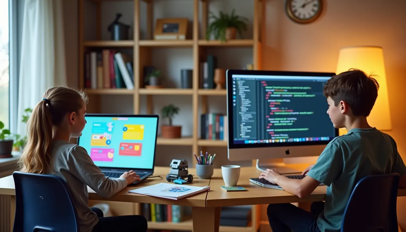 Two children coding side by side at a desk with a laptop and desktop computer in a cozy room setting.