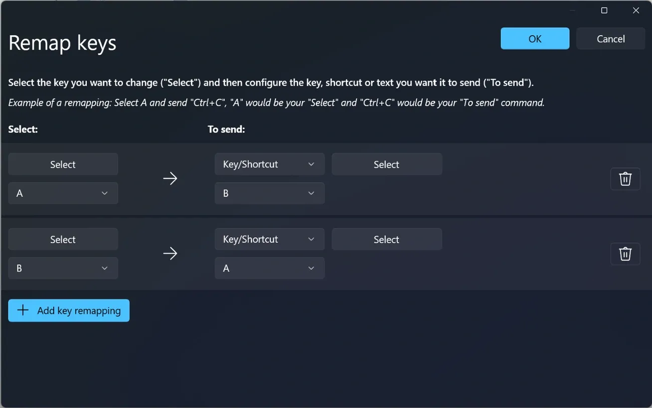 PowerToys Keyboard Manager interface showing key remapping from A to B and B to A with options to add or delete mappings.