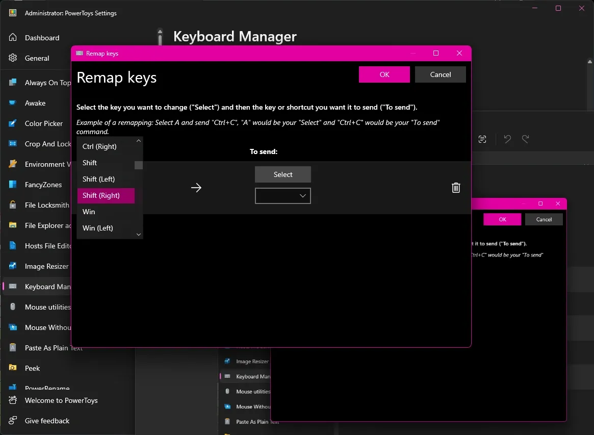 Windows 11 PowerToys Keyboard Manager interface showing remap keys options with a dropdown menu for key selection.