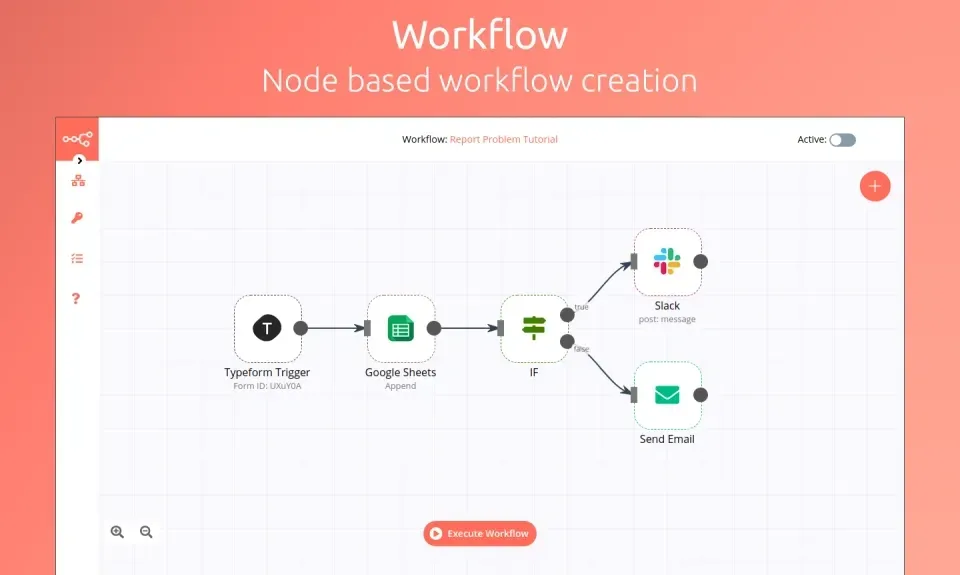 n8n workflow example showing a node-based process from Typeform trigger to Google Sheets, conditional logic, and Slack or email actions.