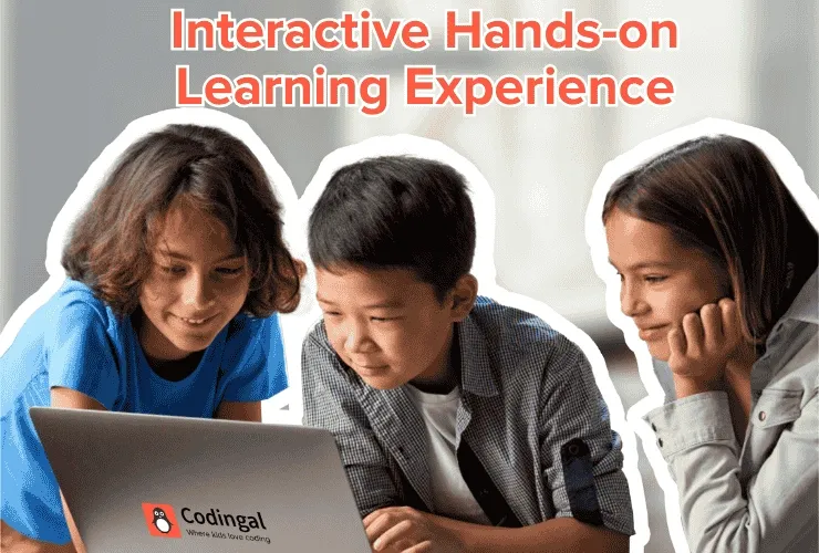 Three children engaged in an interactive hands-on coding learning session using a laptop with Codingal branding.