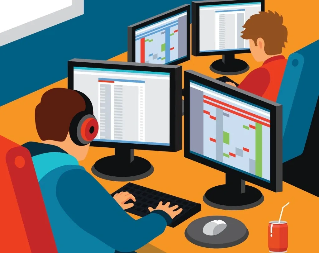 Two developers working at desks with multiple monitors displaying code and project timelines in an office setting.