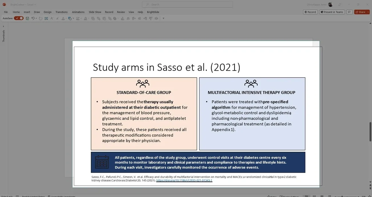 Comparison of standard-of-care and multifactorial intensive therapy groups in a diabetes study by Sasso et al. (2021)