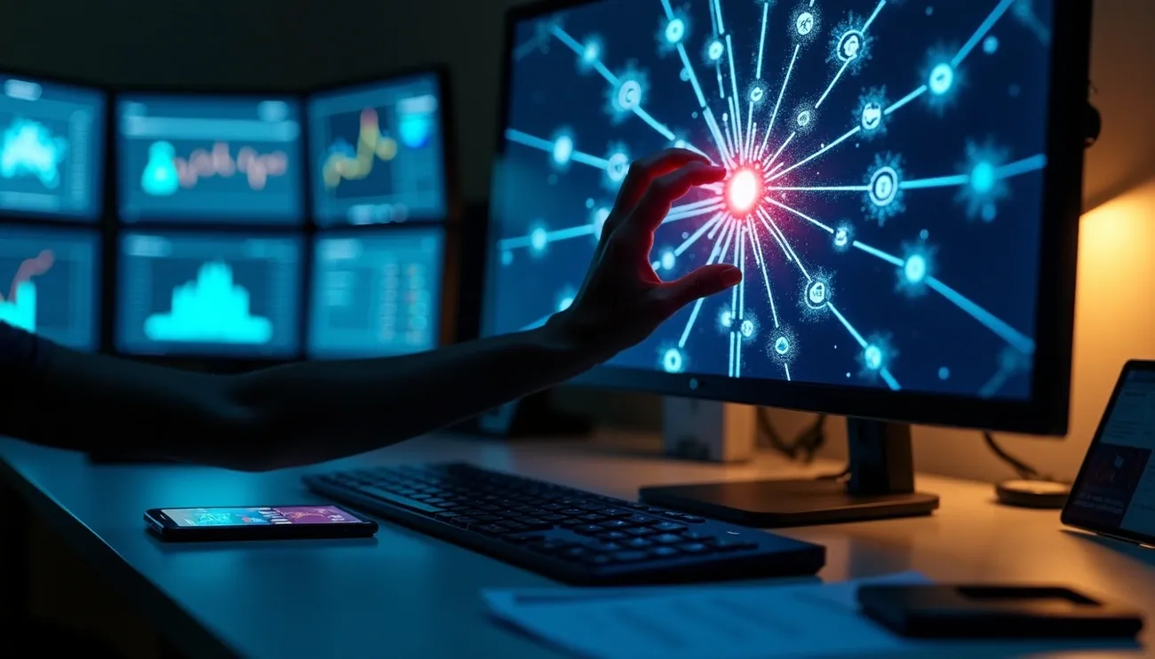 Hand reaching toward a glowing red node on a blockchain network displayed on a computer screen in a dark room.