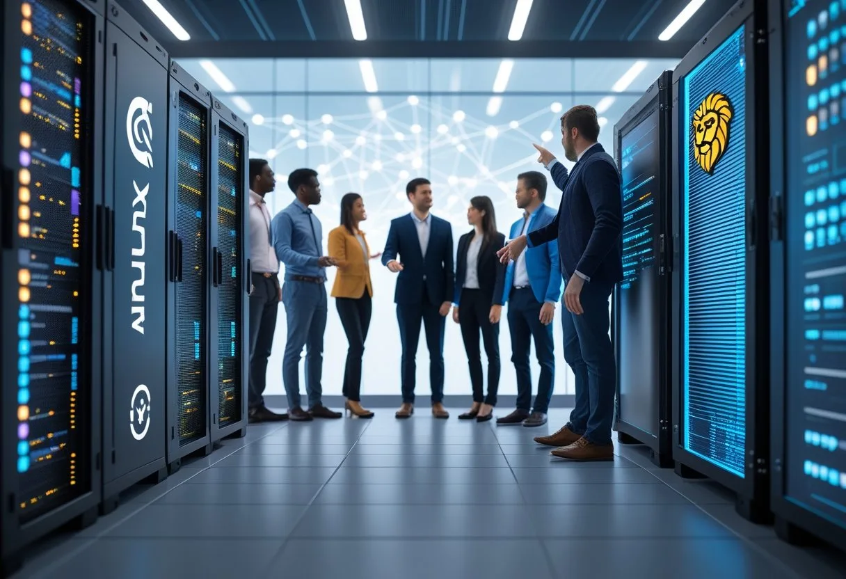 A group of developers discussing in a data center with two servers representing CentOS and AlmaLinux, highlighting a transition between the two.