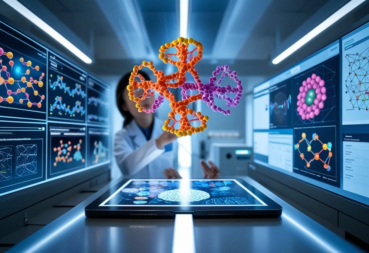A scientist examining a colorful 3D protein model displayed holographically in a modern laboratory with digital screens showing molecular and AI data.
