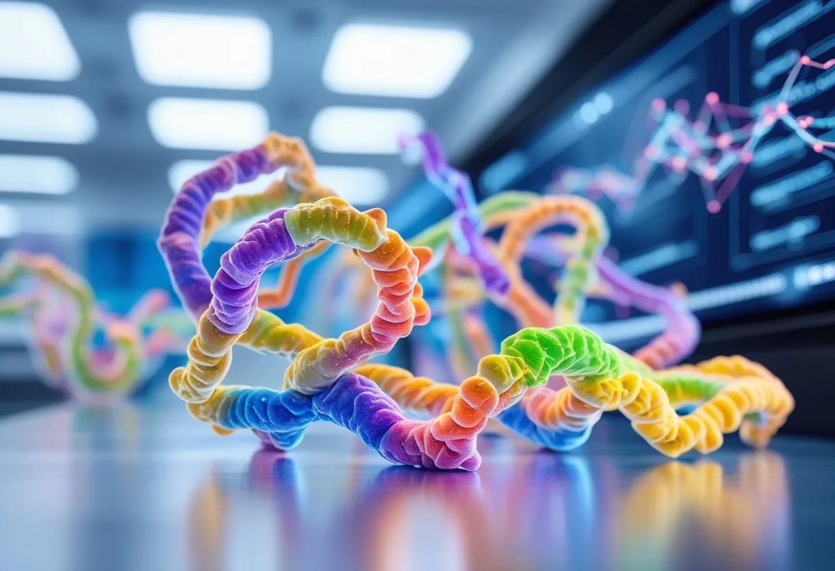 A detailed 3D model of a folded protein structure with a digital background representing artificial intelligence and scientific research.