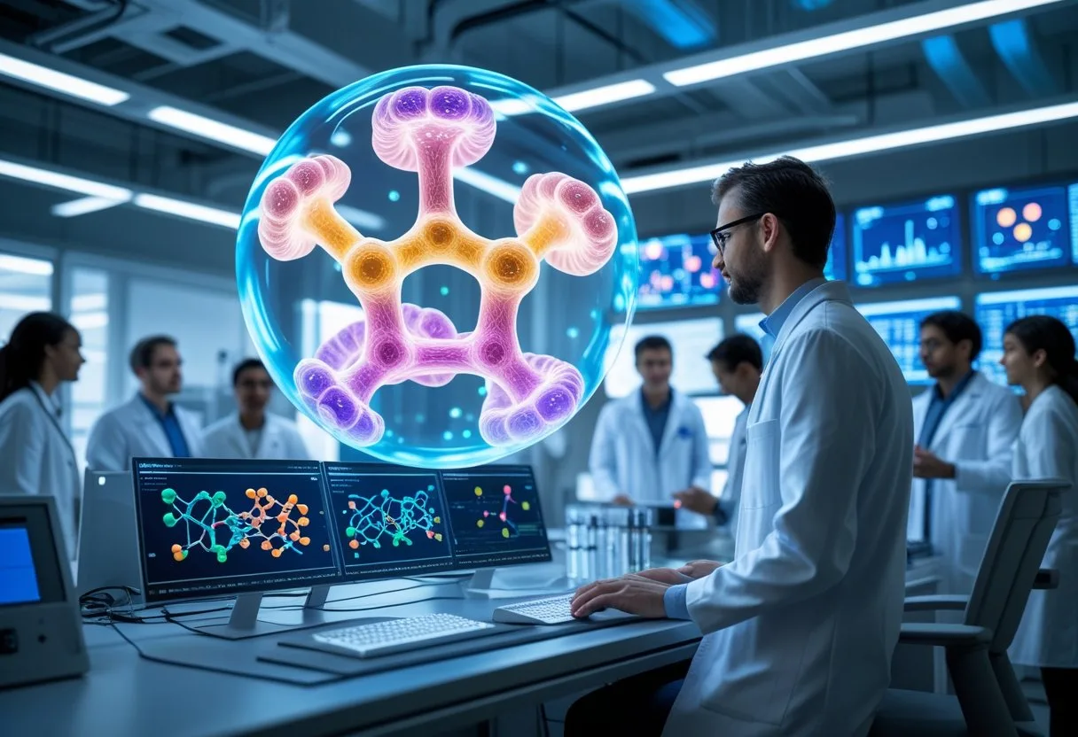 Scientists in a laboratory examining a glowing 3D holographic protein model displayed above a workstation.