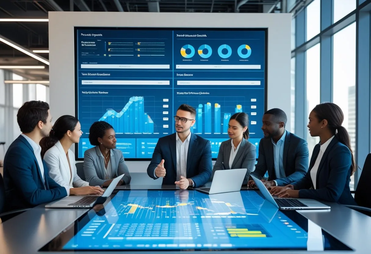 A team of professionals collaborating around a digital touchscreen table displaying product growth data in a modern office.