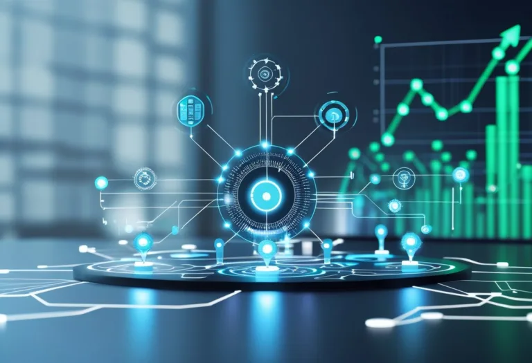 A digital illustration showing interconnected nodes and data streams representing a technology platform and ecosystem focused on product growth.