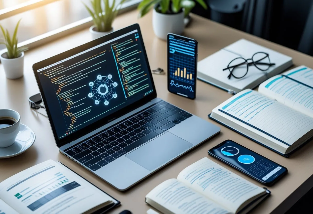 A modern workspace with a laptop displaying code and data visualizations, surrounded by notebooks, a smartphone, a tablet, a cup of coffee, glasses, and a small plant on a clean desk.