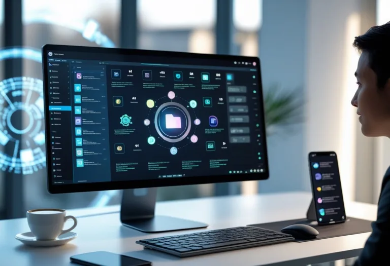 A modern workspace with a computer displaying AI editing tools interfaces, a keyboard, mouse, smartphone, and coffee cup on a desk.