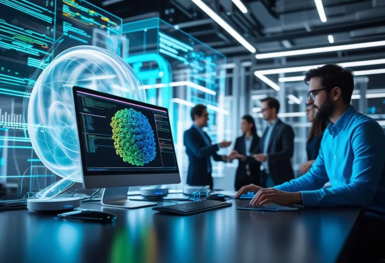 A modern workspace with a computer showing complex algorithms and 3D holographic models, with people collaborating using digital touchscreens.