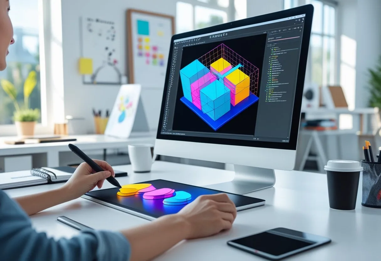 A person working on a computer with 3D modeling software, using a graphics tablet in a bright, organized office.