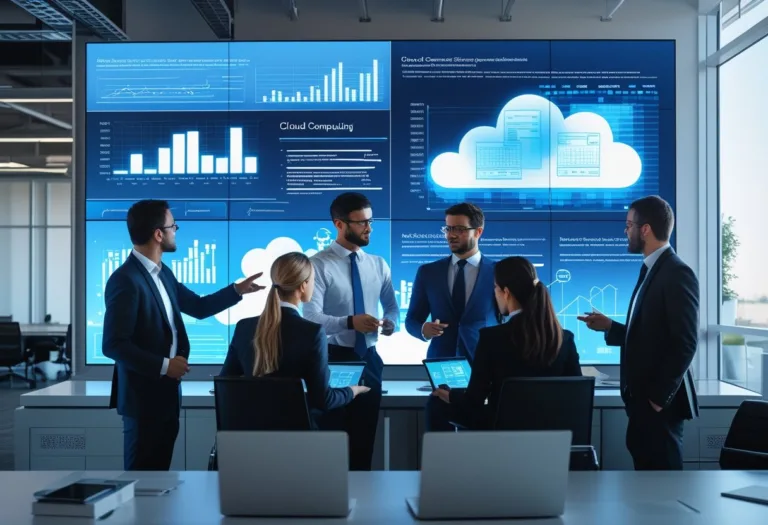 A diverse team of business professionals discussing cloud computing data visualizations on a large digital screen in a modern office.